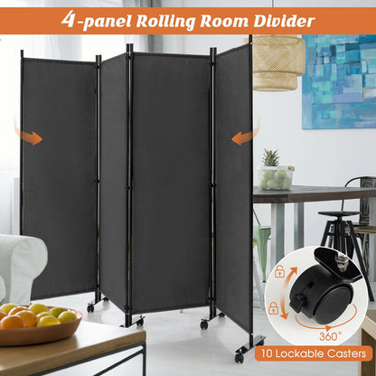 6 Foot 4-Panel Folding Room Divider with Lockable Rolling Wheels - Grey