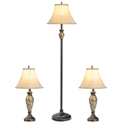 Traditional 3 Piece Lamp Set with Linen Shades – 1 Floor Lamp & 2 Table Lamps