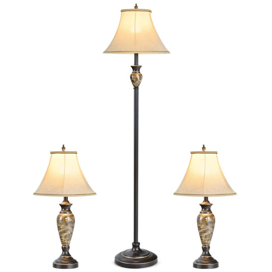 Traditional 3 Piece Lamp Set with Linen Shades – 1 Floor Lamp & 2 Table Lamps