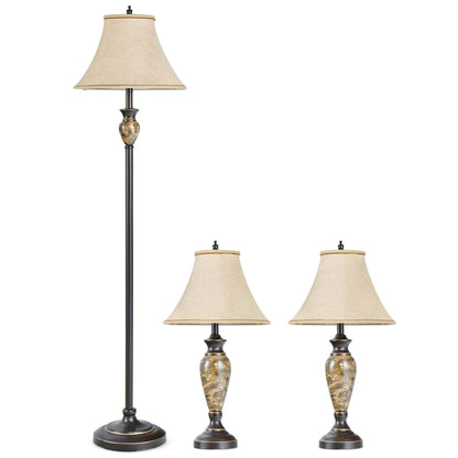 Traditional 3 Piece Lamp Set with Linen Shades – 1 Floor Lamp & 2 Table Lamps