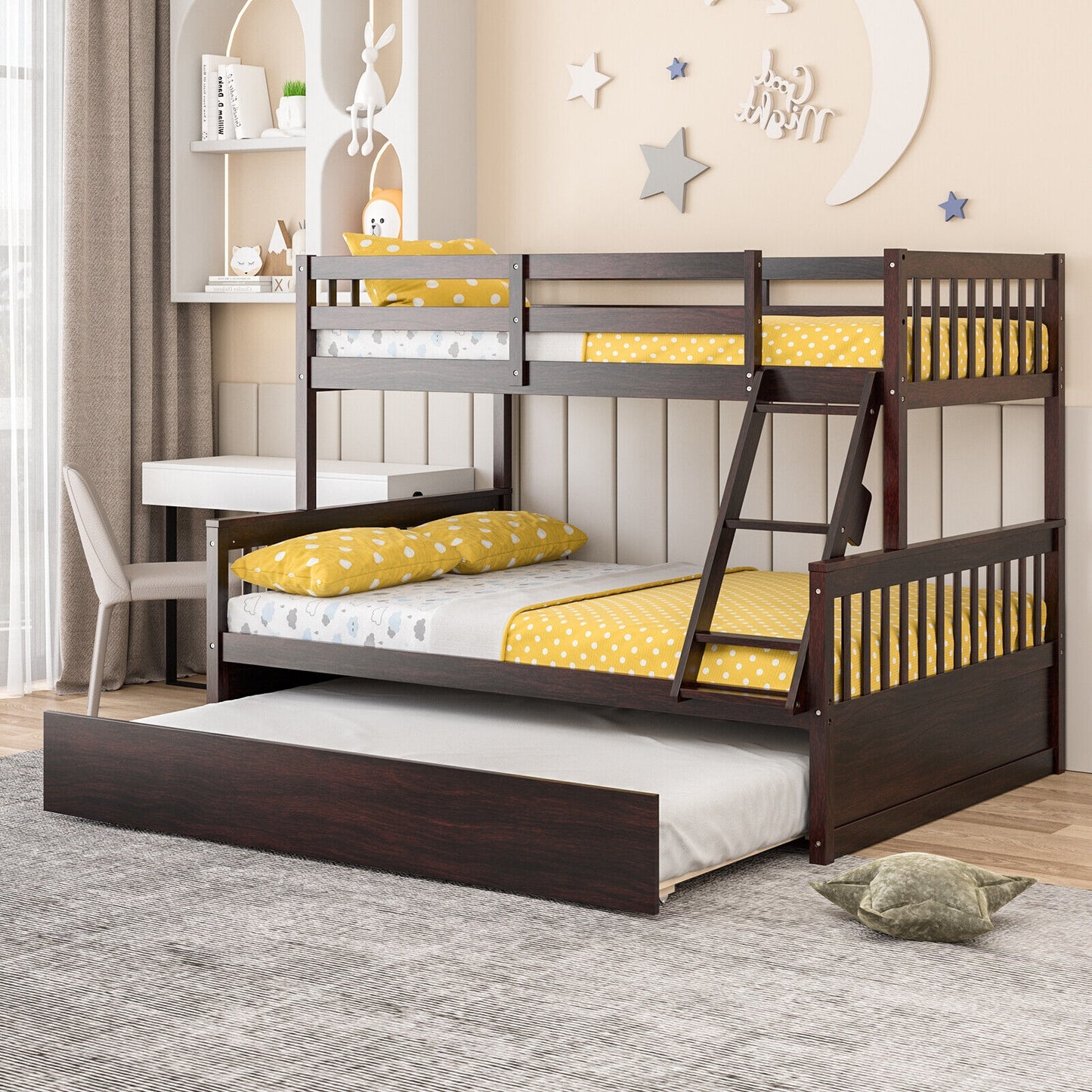 Multi-Functional Twin Over Full Bunk Bed with Pull-Out Trundle for Kids and Guests - Espresso