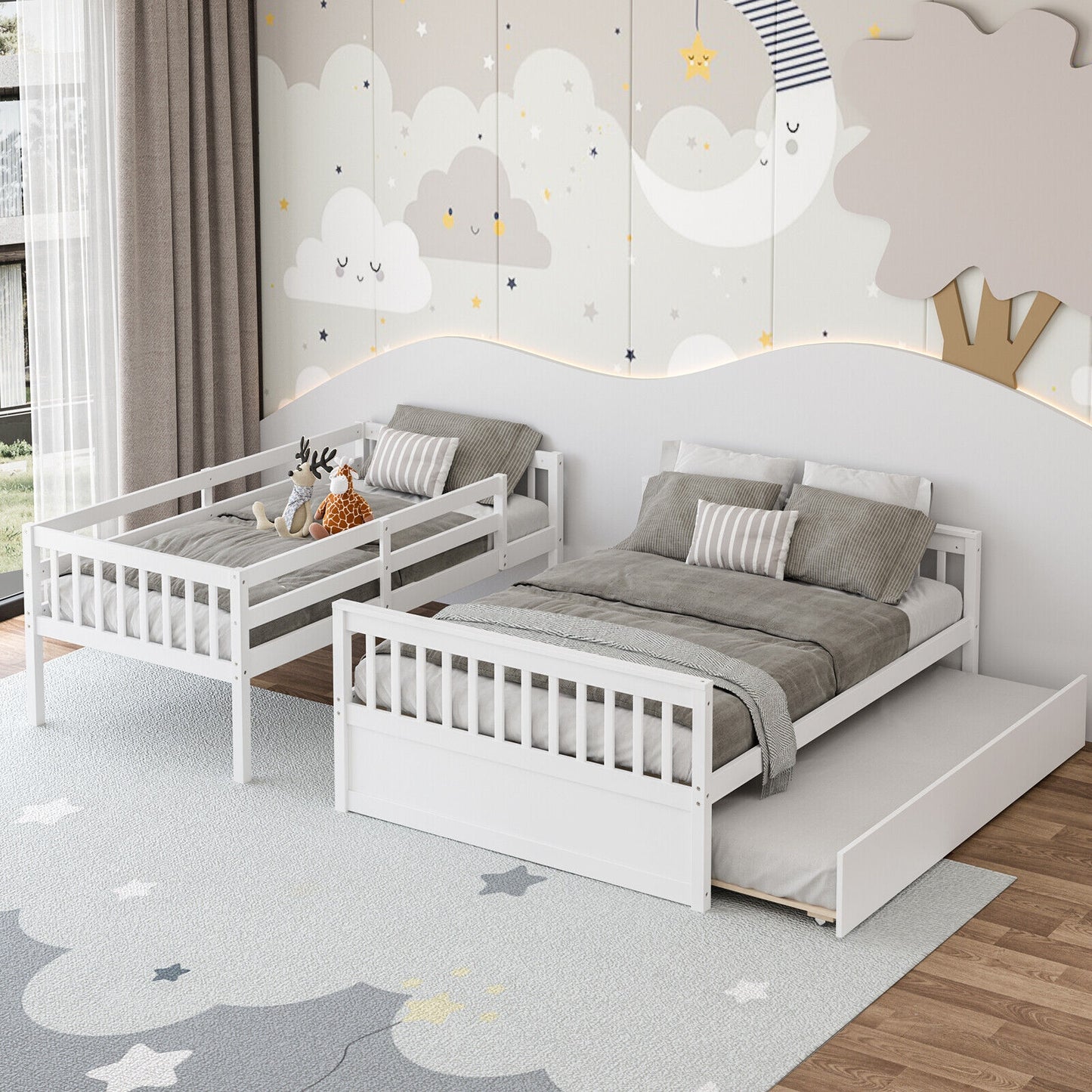 Multi-Functional Twin Over Full Bunk Bed with Pull-Out Trundle for Kids and Guests - White