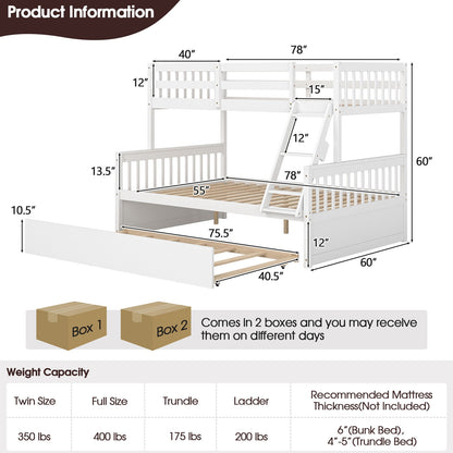 Multi-Functional Twin Over Full Bunk Bed with Pull-Out Trundle for Kids and Guests - White