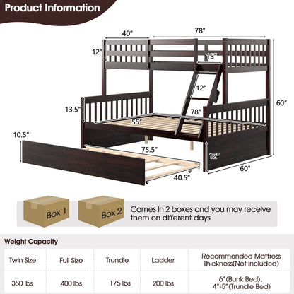 Multi-Functional Twin Over Full Bunk Bed with Pull-Out Trundle for Kids and Guests - Espresso