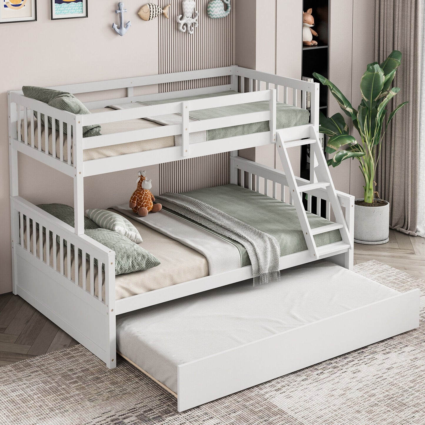 Multi-Functional Twin Over Full Bunk Bed with Pull-Out Trundle for Kids and Guests - White
