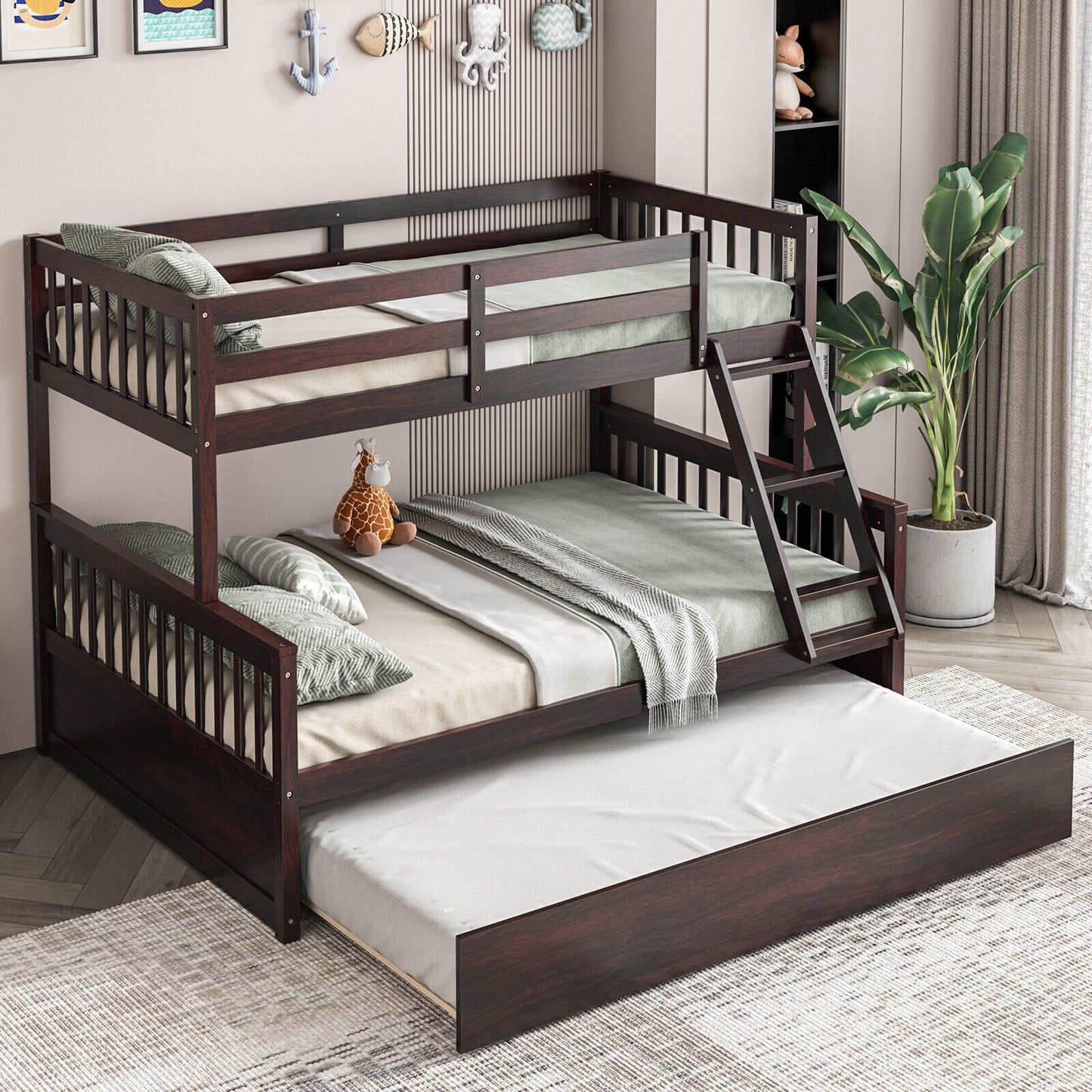 Multi-Functional Twin Over Full Bunk Bed with Pull-Out Trundle for Kids and Guests - Espresso