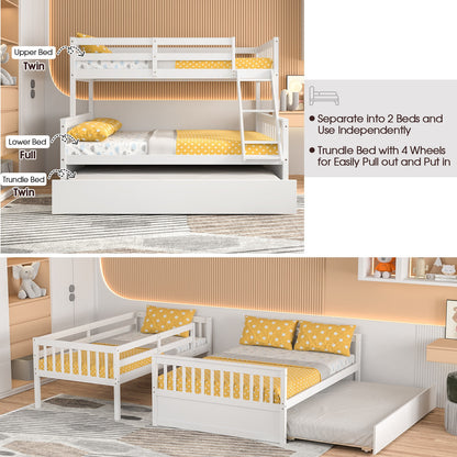 Multi-Functional Twin Over Full Bunk Bed with Pull-Out Trundle for Kids and Guests - White
