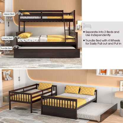 Multi-Functional Twin Over Full Bunk Bed with Pull-Out Trundle for Kids and Guests - Espresso