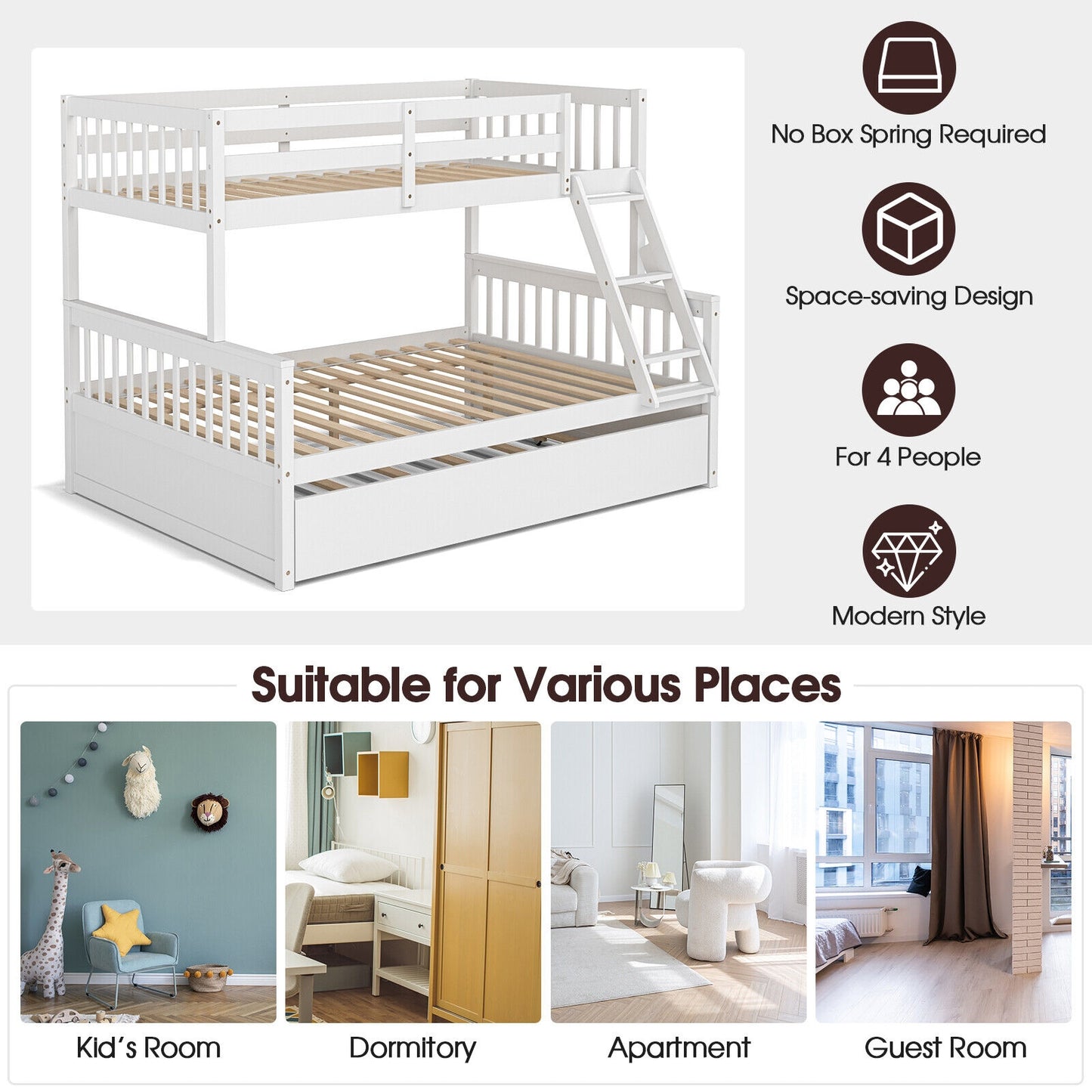 Multi-Functional Twin Over Full Bunk Bed with Pull-Out Trundle for Kids and Guests - White