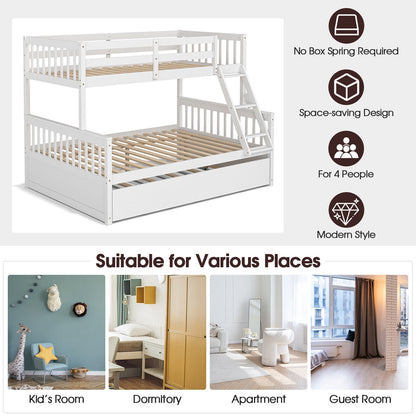 Multi-Functional Twin Over Full Bunk Bed with Pull-Out Trundle for Kids and Guests - White