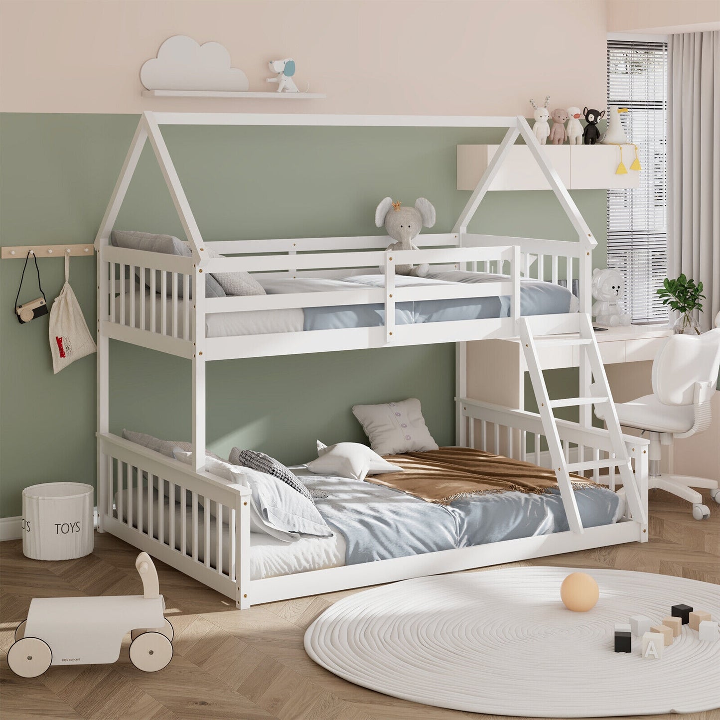 Adorable Twin Over Full House-Shaped Bunk Bed with Ladder and Safety Guardrails - White