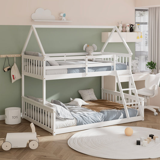 Adorable Twin Over Full House-Shaped Bunk Bed with Ladder and Safety Guardrails - White