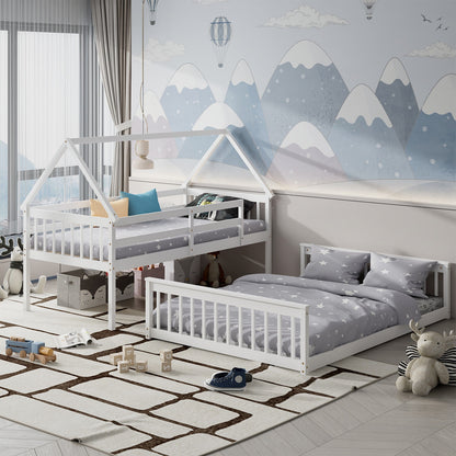 Adorable Twin Over Full House-Shaped Bunk Bed with Ladder and Safety Guardrails - White