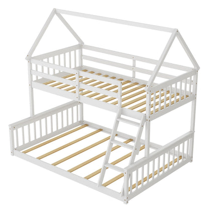 Adorable Twin Over Full House-Shaped Bunk Bed with Ladder and Safety Guardrails - White
