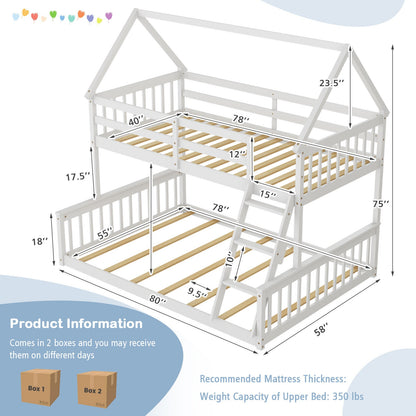 Adorable Twin Over Full House-Shaped Bunk Bed with Ladder and Safety Guardrails - White