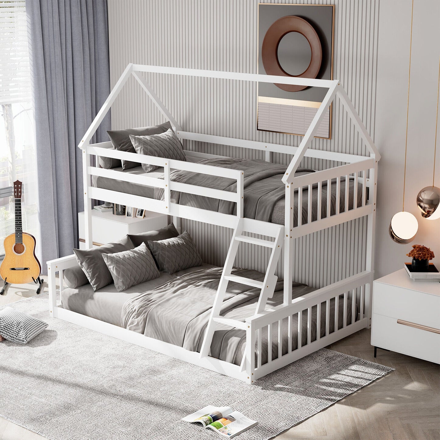 Adorable Twin Over Full House-Shaped Bunk Bed with Ladder and Safety Guardrails - White