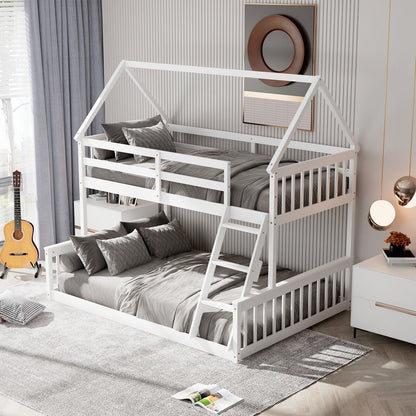 Adorable Twin Over Full House-Shaped Bunk Bed with Ladder and Safety Guardrails - White