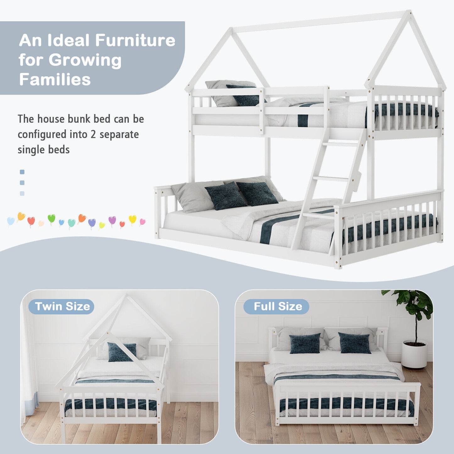 Adorable Twin Over Full House-Shaped Bunk Bed with Ladder and Safety Guardrails - White