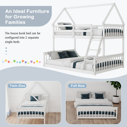 Adorable Twin Over Full House-Shaped Bunk Bed with Ladder and Safety Guardrails - White