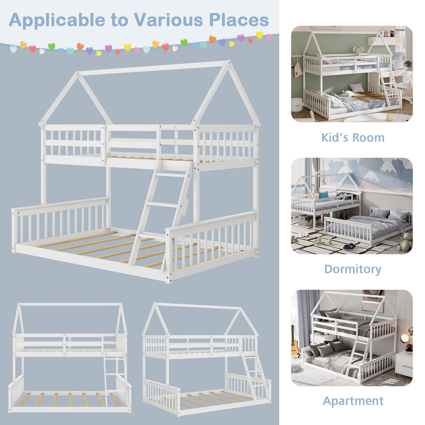 Adorable Twin Over Full House-Shaped Bunk Bed with Ladder and Safety Guardrails - White