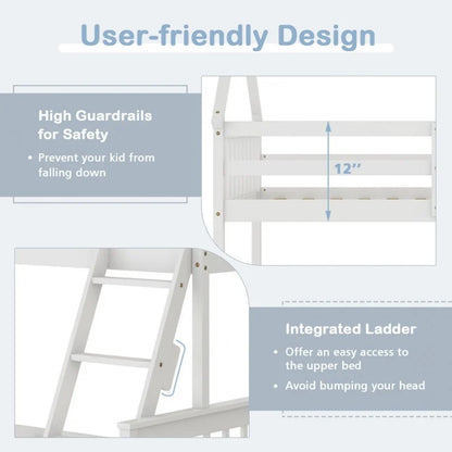Adorable Twin Over Full House-Shaped Bunk Bed with Ladder and Safety Guardrails - White