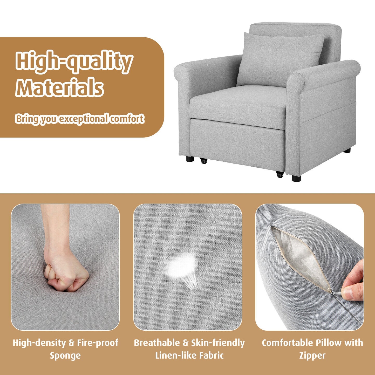 3 in 1 Convertible Sleeper Chair with Adjustable Backrest and Pull Out Bed