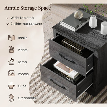 Farmhouse Style Nightstand with 2 Storage Drawers and Square Top - Dark Grey