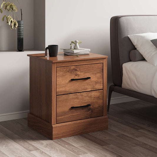 Farmhouse Style Nightstand with 2 Storage Drawers and Square Top - Rustic Brown