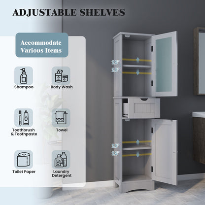 Slim Tall Storage Cabinet with 2 Doors and Drawer for Bathroom Organization
