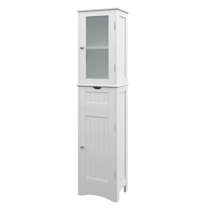 Slim Tall Storage Cabinet with 2 Doors and Drawer for Bathroom Organization