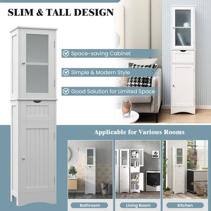 Slim Tall Storage Cabinet with 2 Doors and Drawer for Bathroom Organization