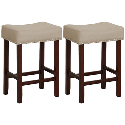 25 Inch Upholstered Bar Stools Set of 2 with Beige Linen Cushions and Backless Design