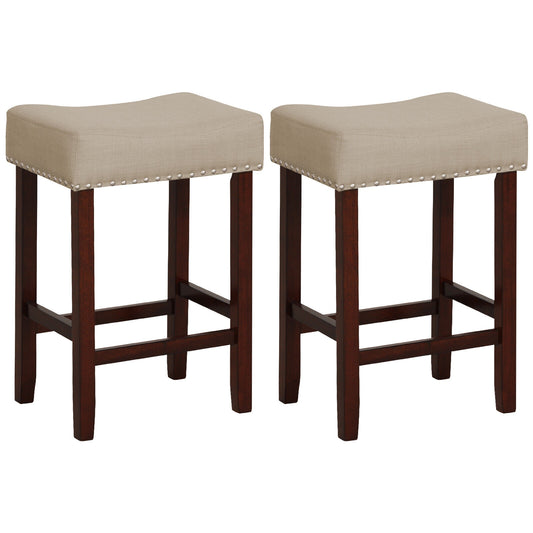 25 Inch Upholstered Bar Stools Set of 2 with Beige Linen Cushions and Backless Design