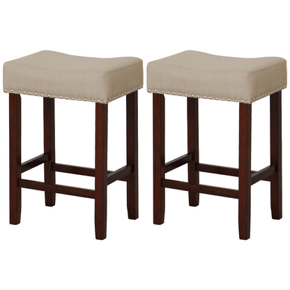 25 Inch Upholstered Bar Stools Set of 2 with Beige Linen Cushions and Backless Design