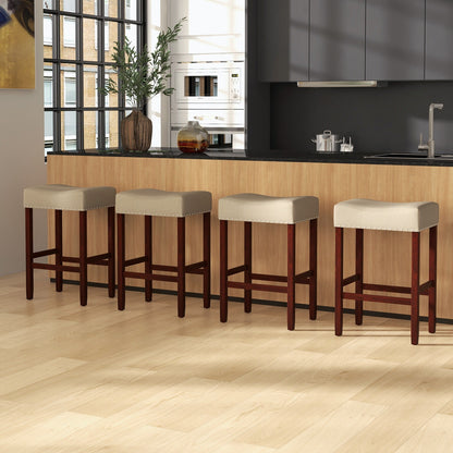 25 Inch Upholstered Bar Stools Set of 2 with Beige Linen Cushions and Backless Design