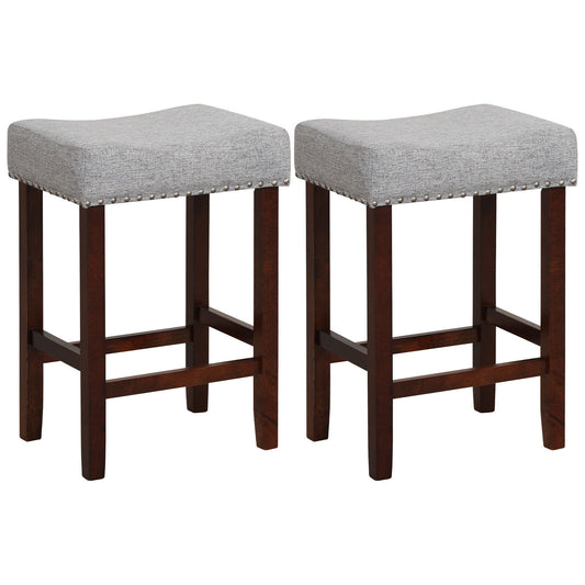 25 Inch Upholstered Bar Stools Set of 2 with Grey Linen Cushions and Backless Design