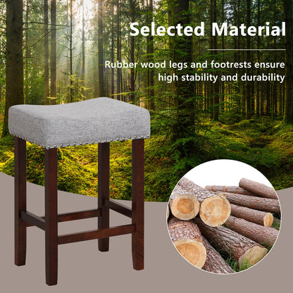 25 Inch Upholstered Bar Stools Set of 2 with Grey Linen Cushions and Backless Design