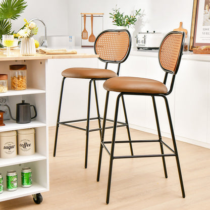 Set of 2 Modern 29.5 Inch Bar Stools with Faux Leather Seats and Woven Rattan-Style Backrests in Brown