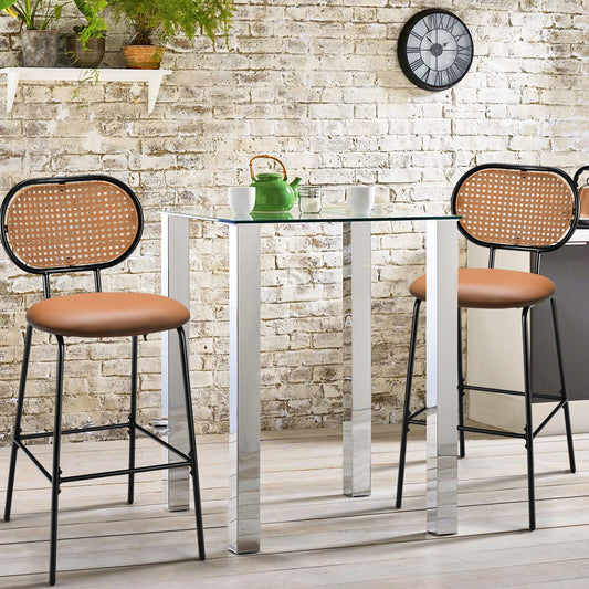 Set of 2 Modern 29.5 Inch Bar Stools with Faux Leather Seats and Woven Rattan-Style Backrests in Brown