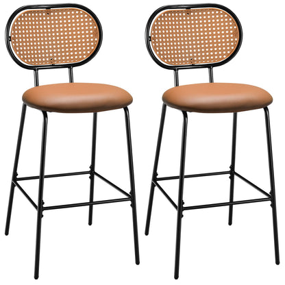 Set of 2 Modern 29.5 Inch Bar Stools with Faux Leather Seats and Woven Rattan-Style Backrests in Brown