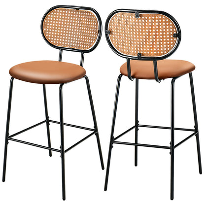 Set of 2 Modern 29.5 Inch Bar Stools with Faux Leather Seats and Woven Rattan-Style Backrests in Brown