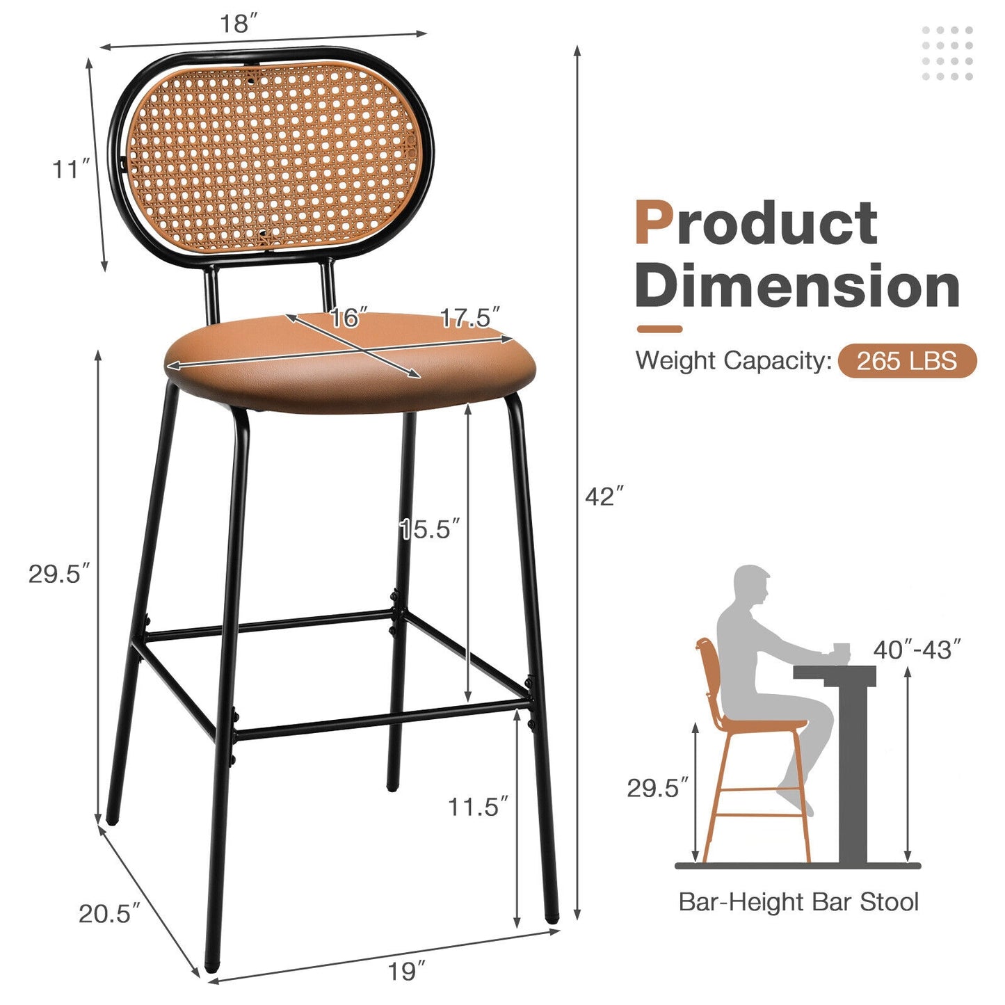 Set of 2 Modern 29.5 Inch Bar Stools with Faux Leather Seats and Woven Rattan-Style Backrests in Brown