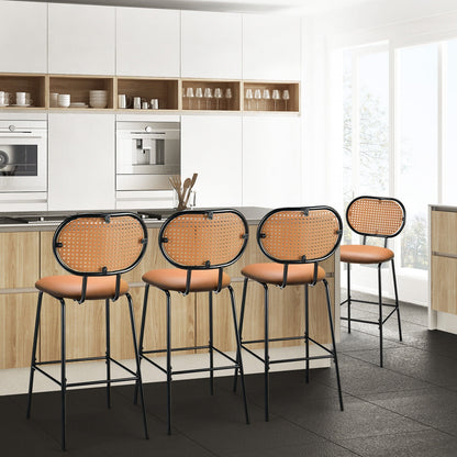 Set of 2 Modern 29.5 Inch Bar Stools with Faux Leather Seats and Woven Rattan-Style Backrests in Brown