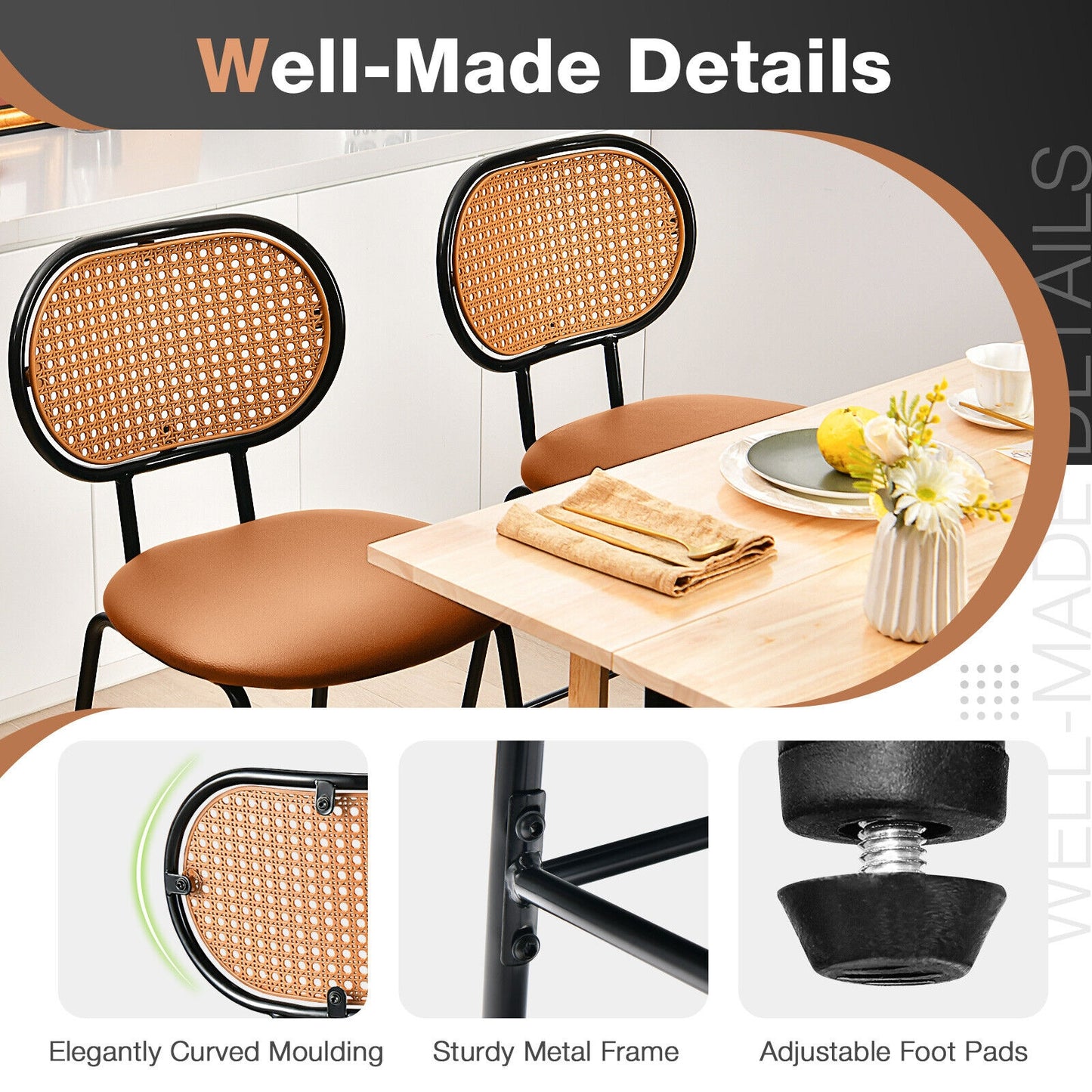 Set of 2 Modern 29.5 Inch Bar Stools with Faux Leather Seats and Woven Rattan-Style Backrests in Brown