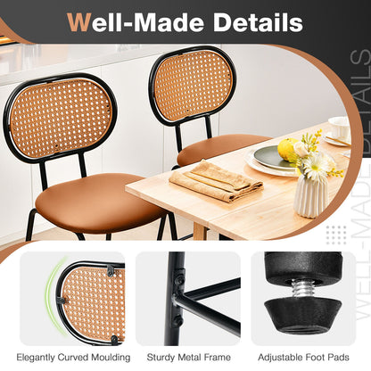 Set of 2 Modern 29.5 Inch Bar Stools with Faux Leather Seats and Woven Rattan-Style Backrests in Brown