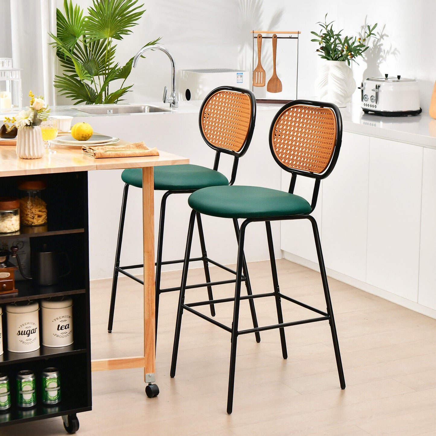 Set of 2 Modern 29.5 Inch Bar Stools with Faux Leather Seats and Woven Rattan-Style Backrests in Green