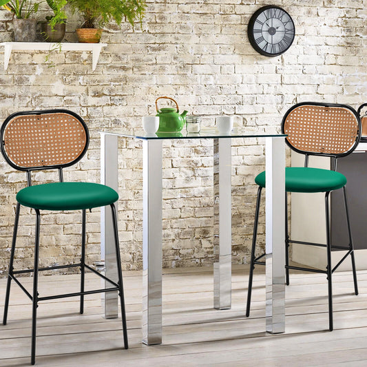 Set of 2 Modern 29.5 Inch Bar Stools with Faux Leather Seats and Woven Rattan-Style Backrests in Green