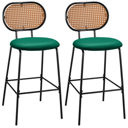 Set of 2 Modern 29.5 Inch Bar Stools with Faux Leather Seats and Woven Rattan-Style Backrests in Green