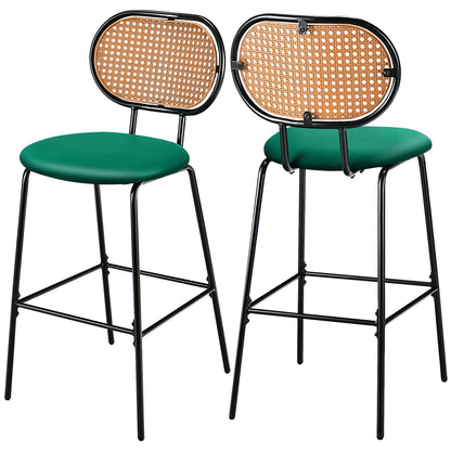 Set of 2 Modern 29.5 Inch Bar Stools with Faux Leather Seats and Woven Rattan-Style Backrests in Green