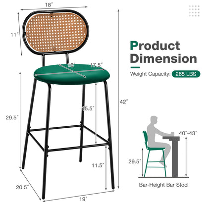 Set of 2 Modern 29.5 Inch Bar Stools with Faux Leather Seats and Woven Rattan-Style Backrests in Green
